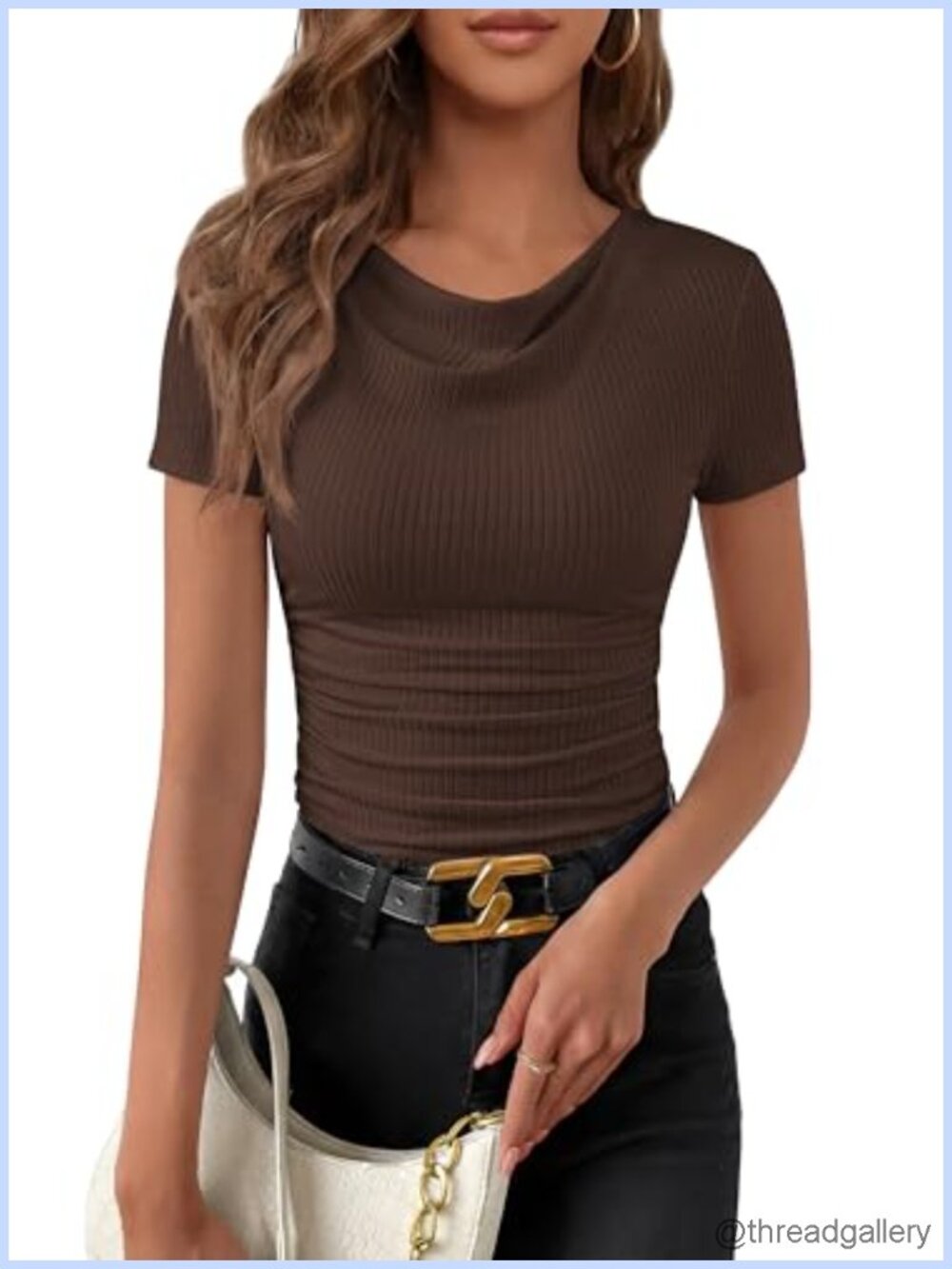 Womens Cowl Neck Ruched Ribbed Knit Crop Top Short Sleeve